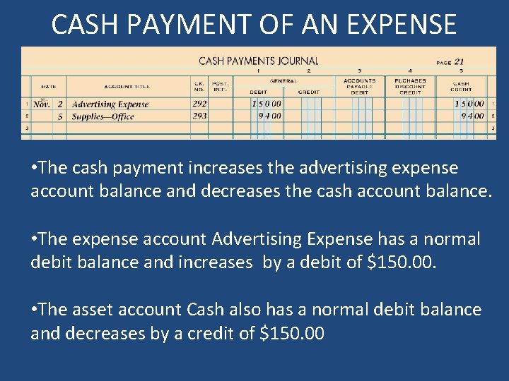 CASH PAYMENT OF AN EXPENSE • The cash payment increases the advertising expense account