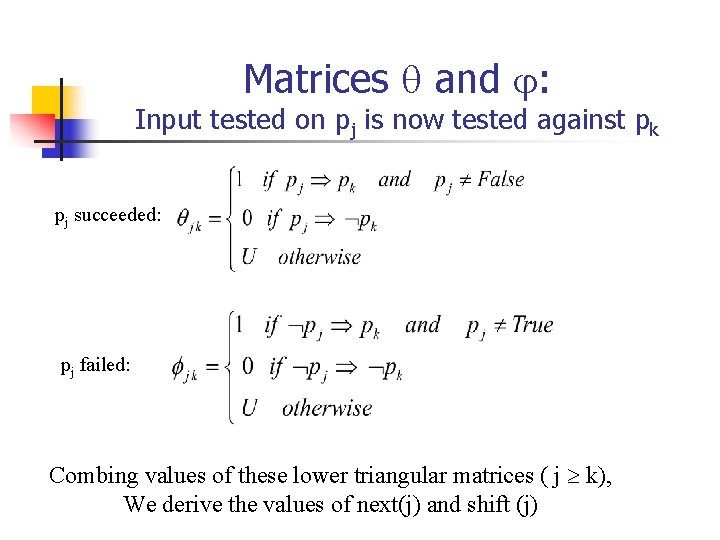 Matrices and j: Input tested on pj is now tested against pk pj succeeded: