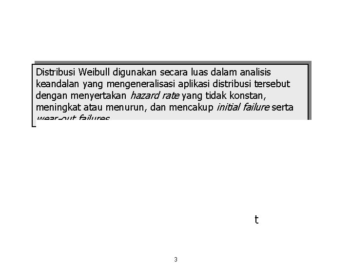 Distribusi Probabilitas Weibull (3) Distribusi Weibull digunakan secara luas dalam analisis keandalan yang mengeneralisasi