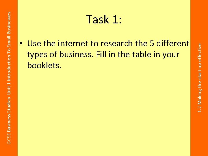  • Use the internet to research the 5 different types of business. Fill