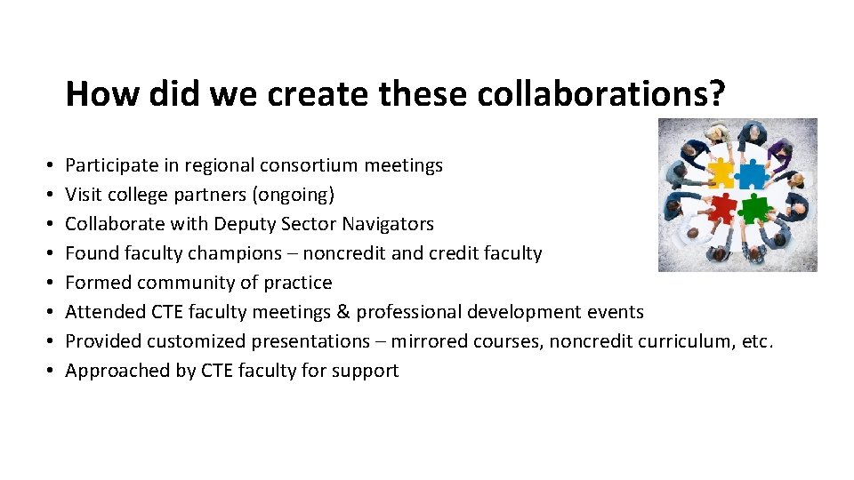 How did we create these collaborations? • • Participate in regional consortium meetings Visit