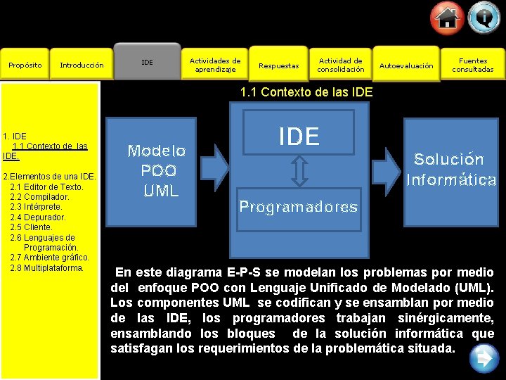 Propósito Introducción IDE Actividades de aprendizaje Respuestas Actividad de consolidación Autoevaluación Fuentes consultadas 1.