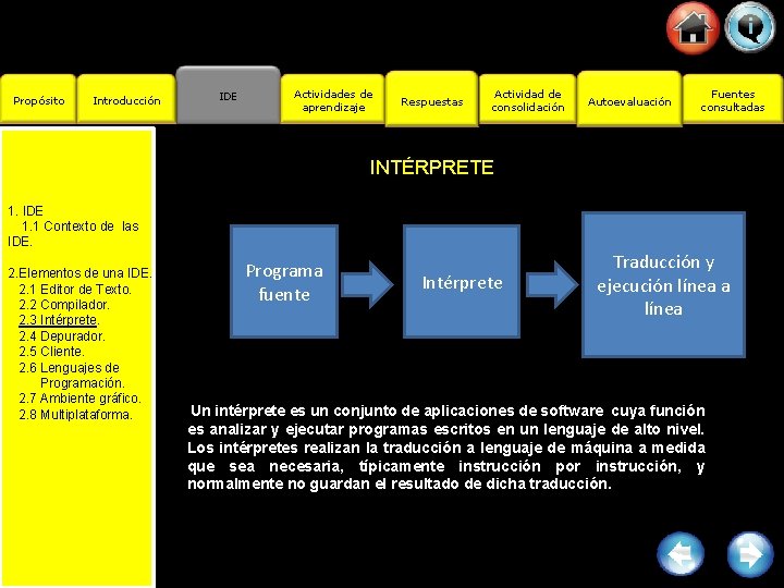 Propósito Introducción IDE Actividades de aprendizaje Respuestas Actividad de consolidación Autoevaluación Fuentes consultadas INTÉRPRETE