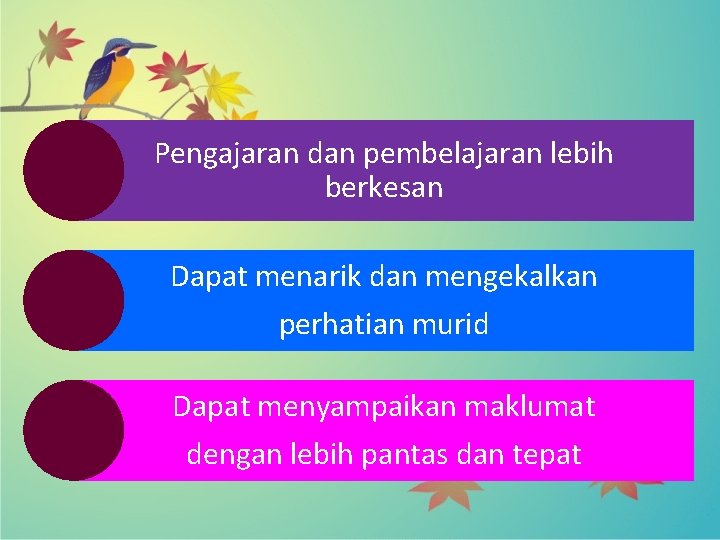 Pengajaran dan pembelajaran lebih berkesan Dapat menarik dan mengekalkan perhatian murid Dapat menyampaikan maklumat