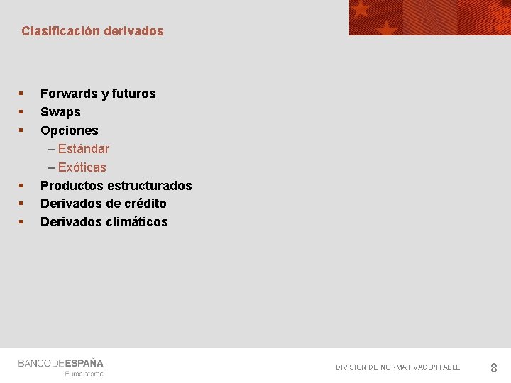 Clasificación derivados § § § Forwards y futuros Swaps Opciones – Estándar – Exóticas