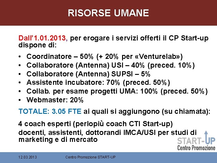 RISORSE UMANE Dall’ 1. 01. 2013, per erogare i servizi offerti il CP Start-up