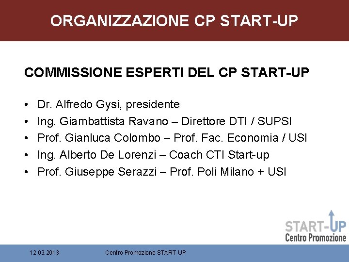 ORGANIZZAZIONE CP START-UP COMMISSIONE ESPERTI DEL CP START-UP • • • Dr. Alfredo Gysi,