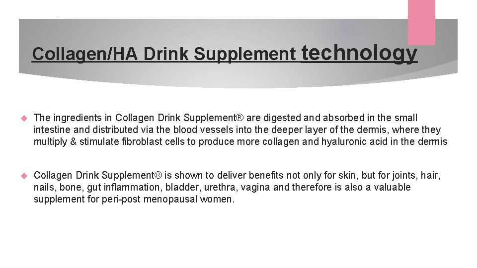 Collagen/HA Drink Supplement technology The ingredients in Collagen Drink Supplement® are digested and absorbed