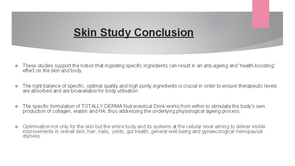 Skin Study Conclusion These studies support the notion that ingesting specific ingredients can result