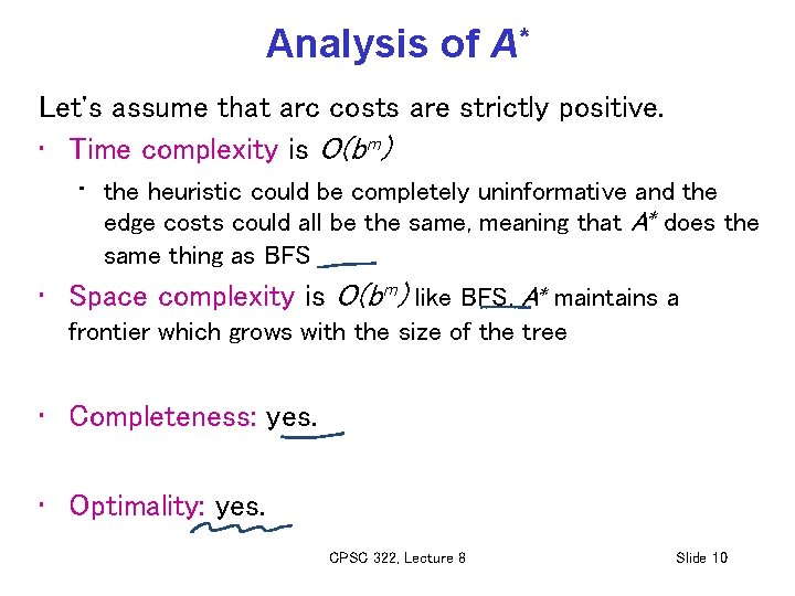 Analysis of A* Let's assume that arc costs are strictly positive. • Time complexity