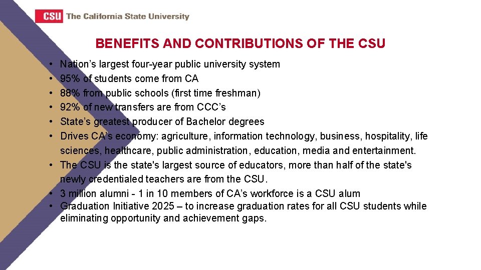 BENEFITS AND CONTRIBUTIONS OF THE CSU • • • Nation’s largest four-year public university