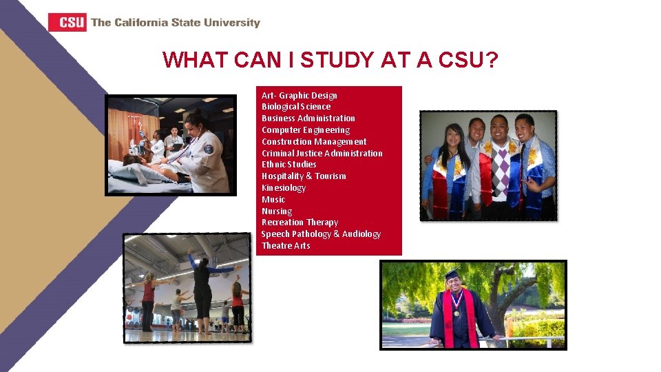WHAT CAN I STUDY AT A CSU? Art- Graphic Design Biological Science Business Administration