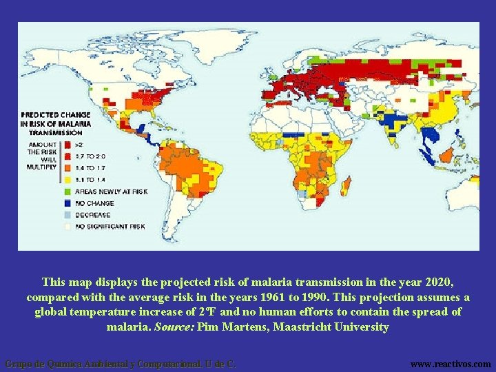 This map displays the projected risk of malaria transmission in the year 2020, compared