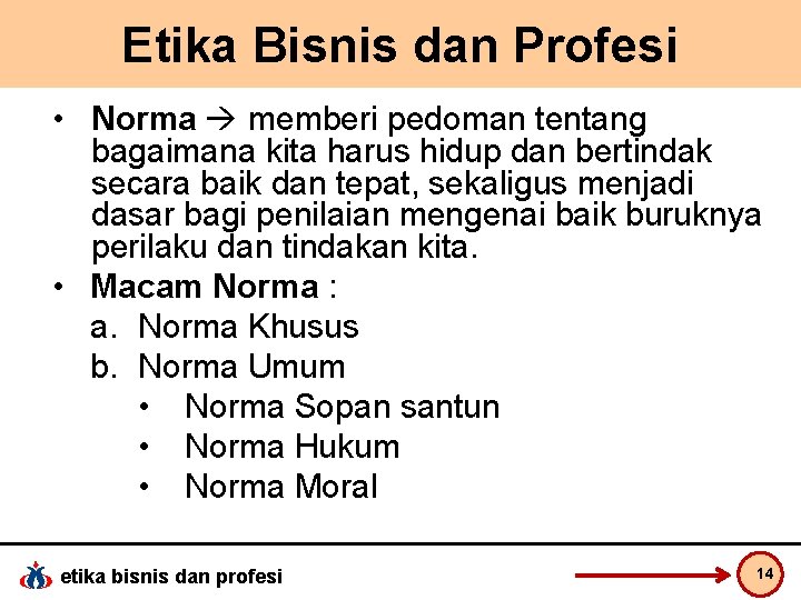 Etika Bisnis dan Profesi • Norma memberi pedoman tentang bagaimana kita harus hidup dan