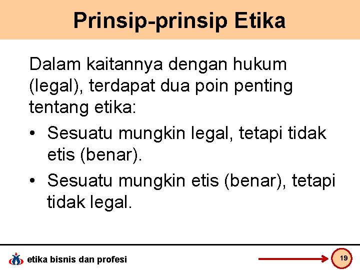 Prinsip-prinsip Etika Dalam kaitannya dengan hukum (legal), terdapat dua poin penting tentang etika: •