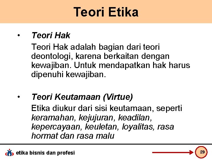 Teori Etika • Teori Hak adalah bagian dari teori deontologi, karena berkaitan dengan kewajiban.