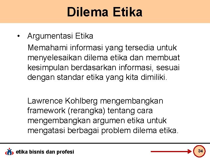 Dilema Etika • Argumentasi Etika Memahami informasi yang tersedia untuk menyelesaikan dilema etika dan