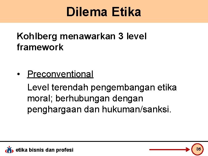 Dilema Etika Kohlberg menawarkan 3 level framework • Preconventional Level terendah pengembangan etika moral;