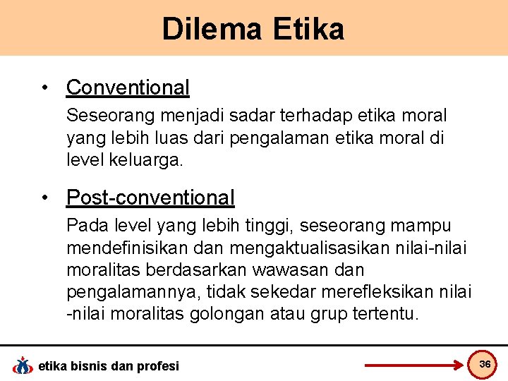 Dilema Etika • Conventional Seseorang menjadi sadar terhadap etika moral yang lebih luas dari