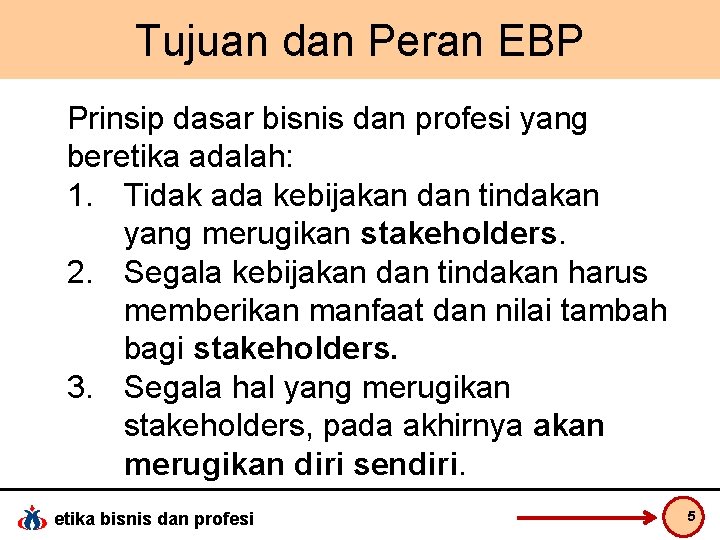 Tujuan dan Peran EBP Prinsip dasar bisnis dan profesi yang beretika adalah: 1. Tidak