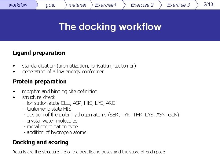 workflow goal material Exercise 1 Exercise 2 Exercise 3 The docking workflow Ligand preparation