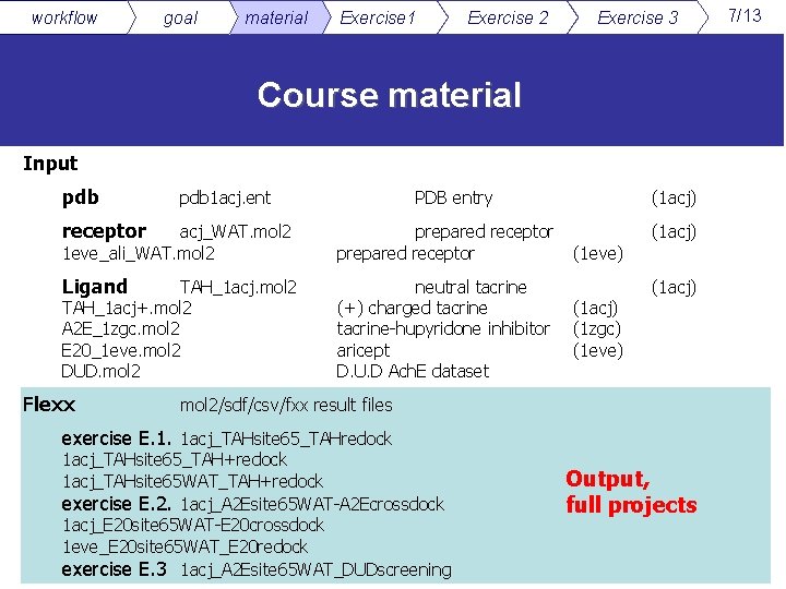 workflow goal material Exercise 1 Exercise 2 Exercise 3 Course material Input pdb 1