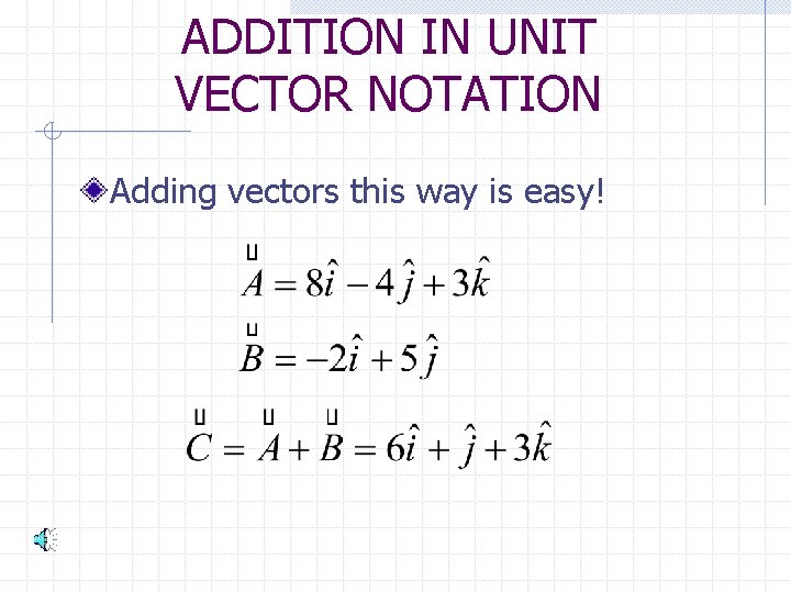 ADDITION IN UNIT VECTOR NOTATION Adding vectors this way is easy! 