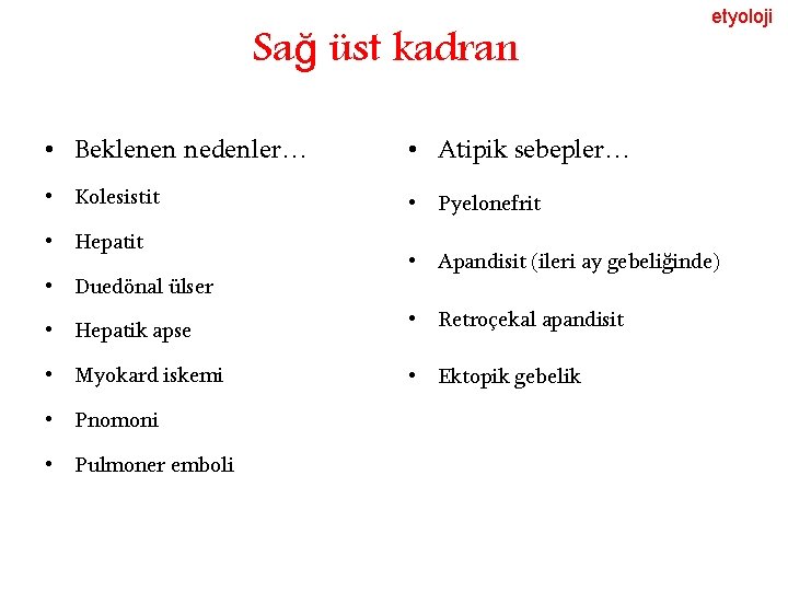 Sağ üst kadran • Beklenen nedenler… • Atipik sebepler… • Kolesistit • Pyelonefrit •