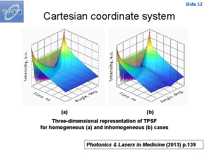 Slide 12 Cartesian coordinate system (a) (b) Three-dimensional representation of TPSF for homogeneous (a)