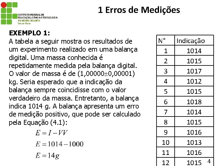 1 Erros de Medições EXEMPLO 1: A tabela a seguir mostra os resultados de