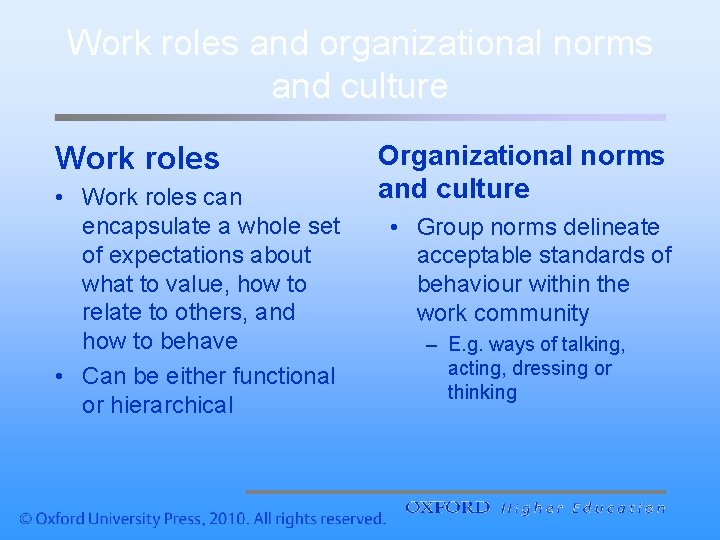 Work roles and organizational norms and culture Work roles • Work roles can encapsulate