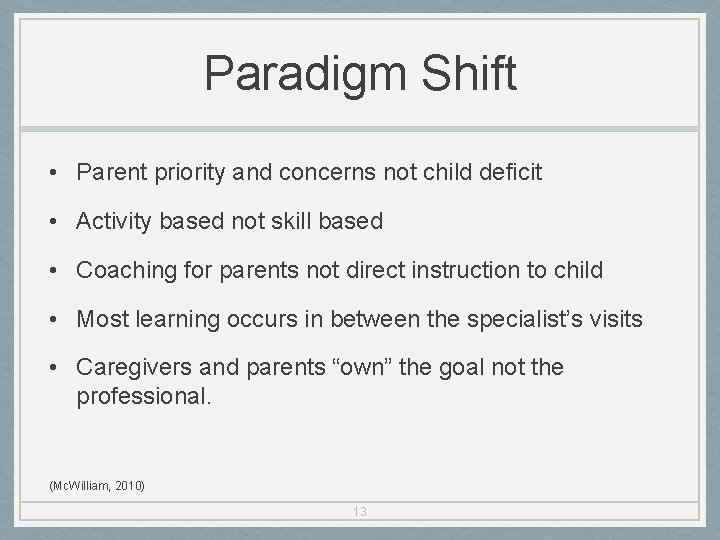 Paradigm Shift • Parent priority and concerns not child deficit • Activity based not