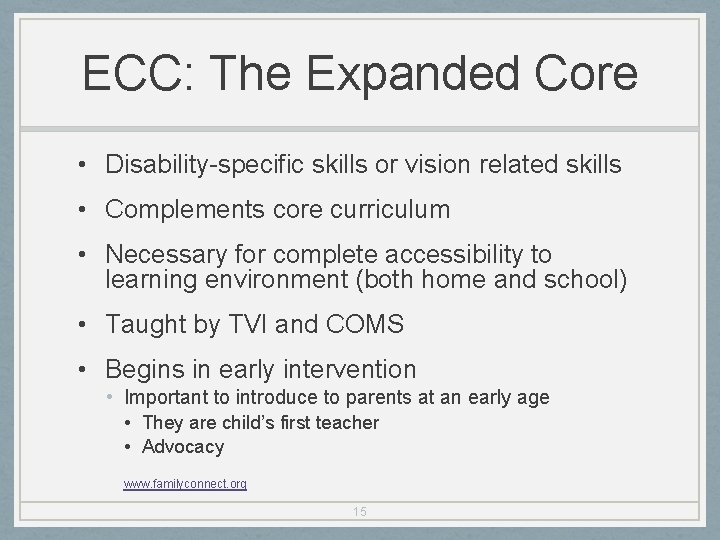 ECC: The Expanded Core • Disability-specific skills or vision related skills • Complements core