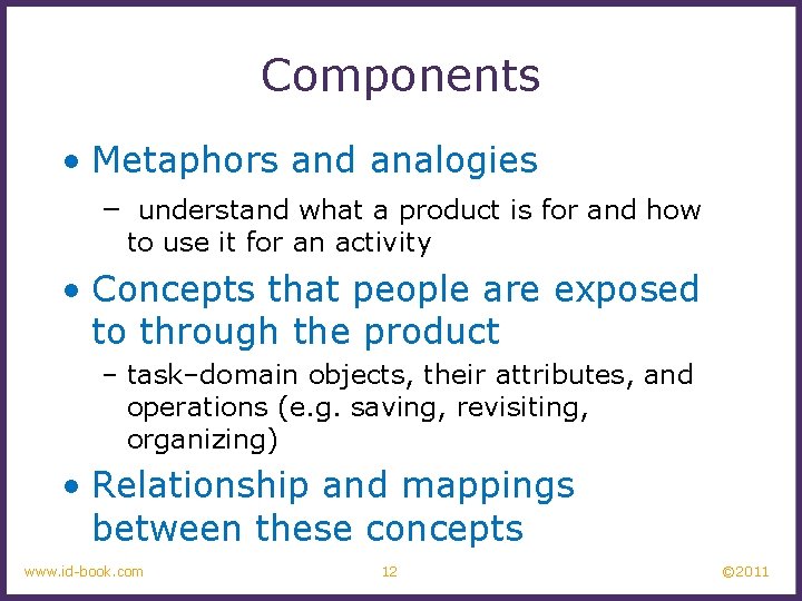 Components • Metaphors and analogies – understand what a product is for and how