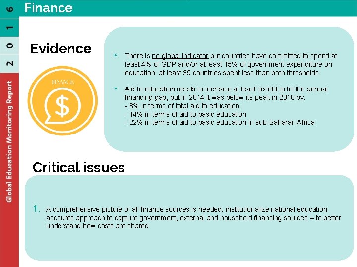 Finance Evidence • There is no global indicator but countries have committed to spend