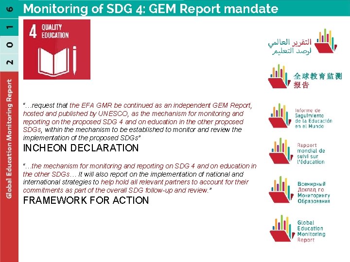 Monitoring of SDG 4: GEM Report mandate “…request that the EFA GMR be continued