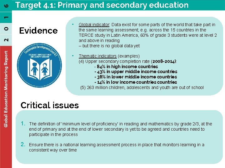 Target 4. 1: Primary and secondary education Evidence • Global indicator: Data exist for