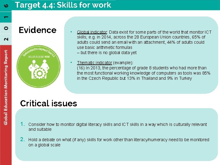 Target 4. 4: Skills for work Evidence • Global indicator: Data exist for some