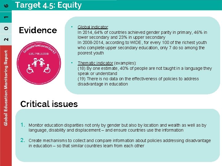 Target 4. 5: Equity Evidence • Global indicator: In 2014, 64% of countries achieved