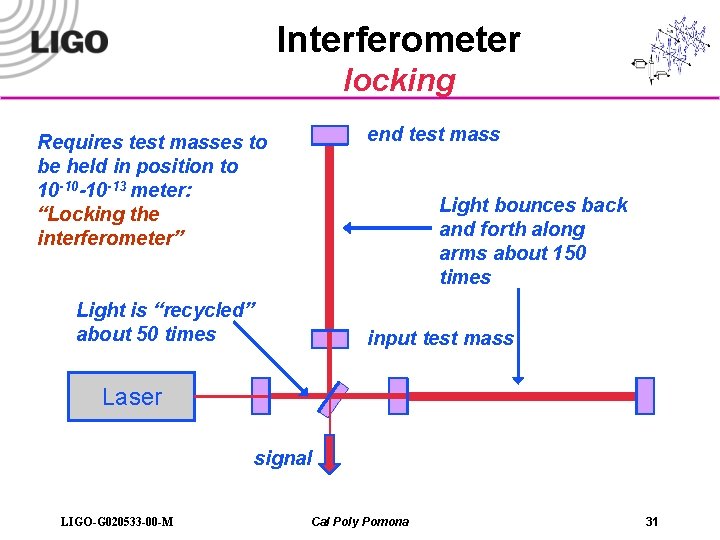 Interferometer locking end test mass Requires test masses to be held in position to