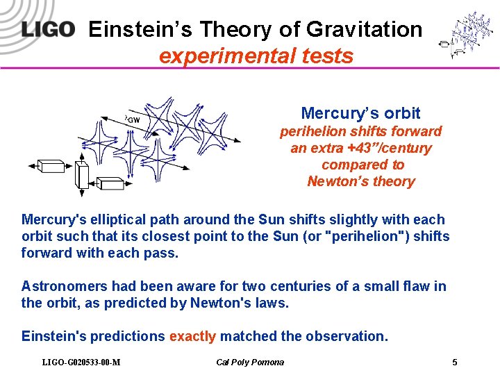 Einstein’s Theory of Gravitation experimental tests Mercury’s orbit perihelion shifts forward an extra +43”/century