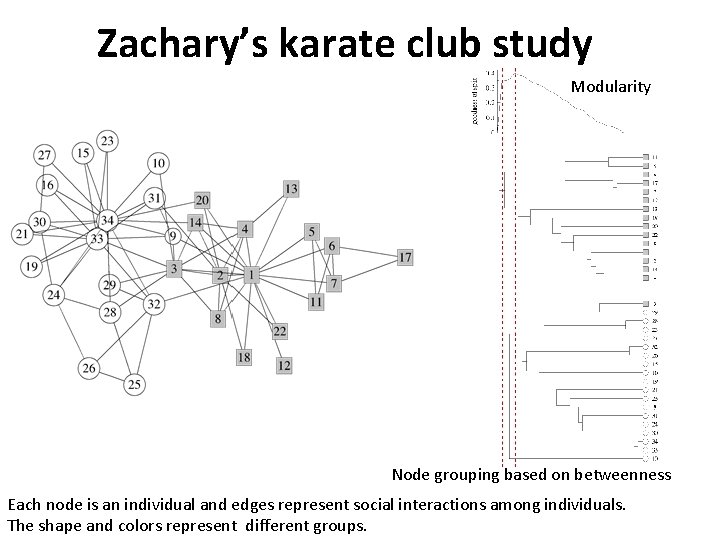 Zachary’s karate club study Modularity Node grouping based on betweenness Each node is an