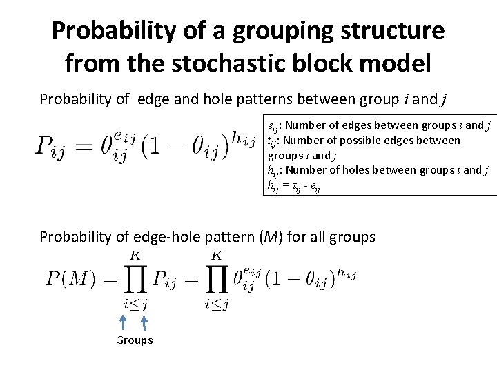 Probability of a grouping structure from the stochastic block model Probability of edge and