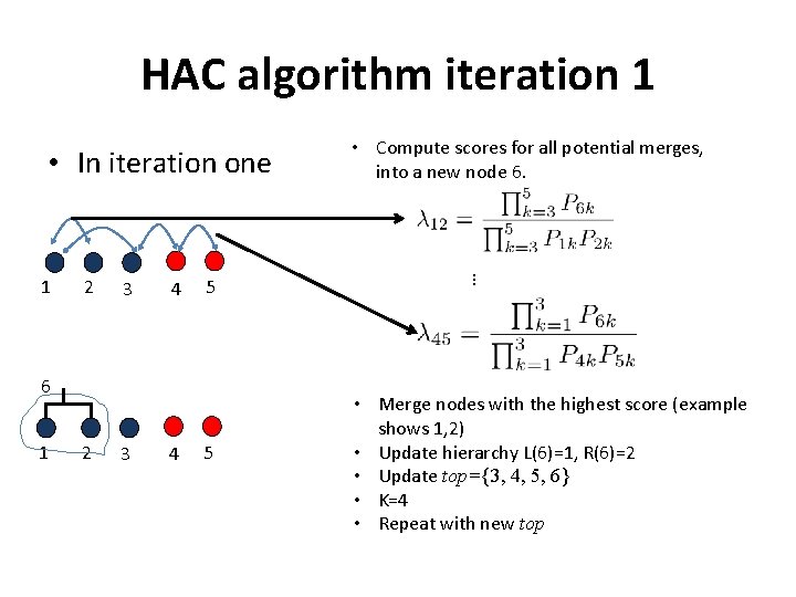 HAC algorithm iteration 1 • In iteration one 2 3 4 5 6 1