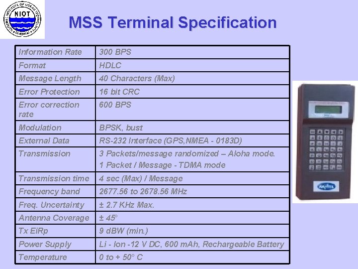MSS Terminal Specification Information Rate 300 BPS Format HDLC Message Length 40 Characters (Max)