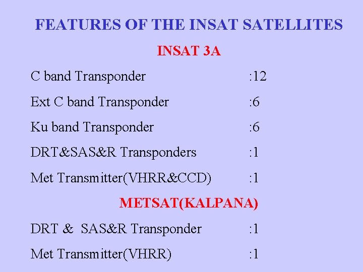 FEATURES OF THE INSAT SATELLITES INSAT 3 A C band Transponder : 12 Ext
