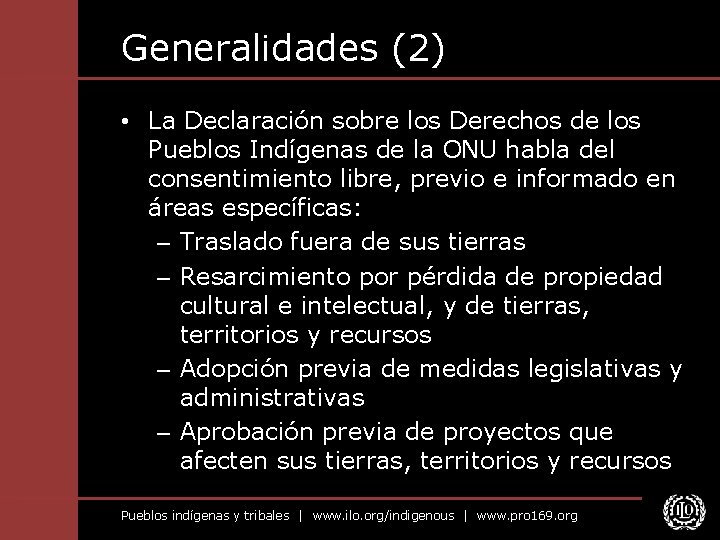 Generalidades (2) • La Declaración sobre los Derechos de los Pueblos Indígenas de la