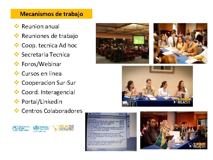 Mecanismos de trabajo v v v v v Reunion anual Reuniones de trabajo Coop.