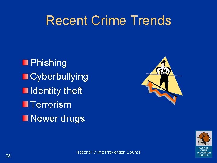 Recent Crime Trends Phishing Cyberbullying Identity theft Terrorism Newer drugs 28 National Crime Prevention