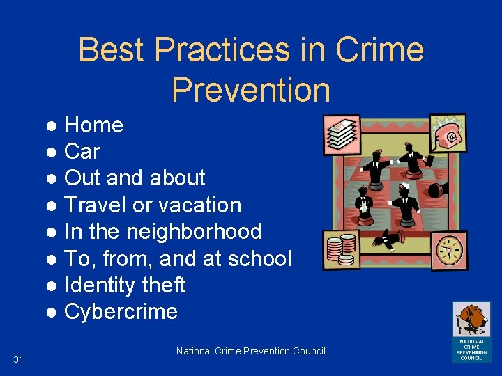 Best Practices in Crime Prevention ● Home ● Car ● Out and about ●